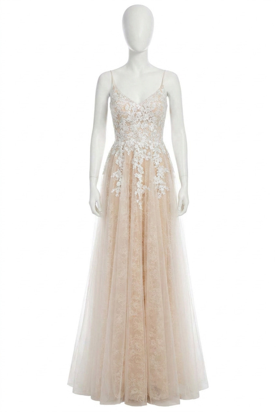 NEW CLARISSE v-neckline floral lace applique maxi party dress in ivory/blush